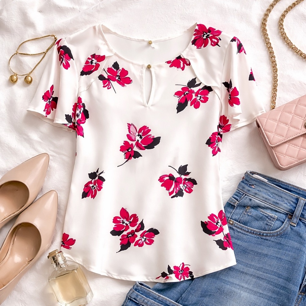 Liz Claiborne Floral Blouse XXL White Pink Black Flutter Sleeve Top